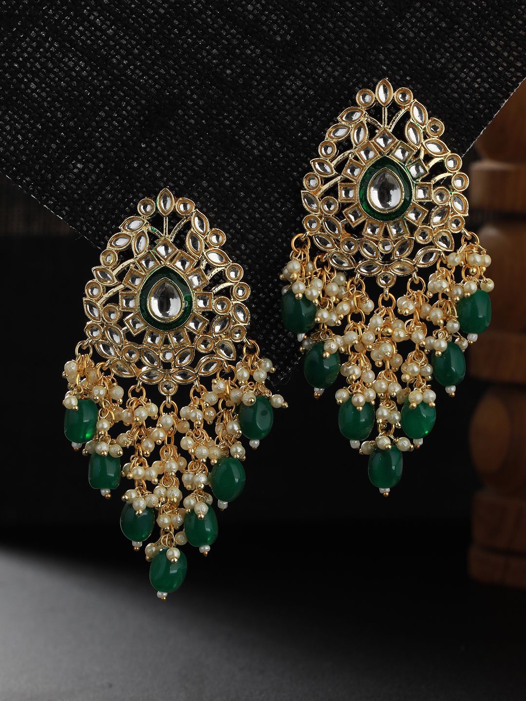 

Jazz and Sizzle Gold Plated Kundan Studed & Beaded Meenakari Contemporary Drop Earrings, Green