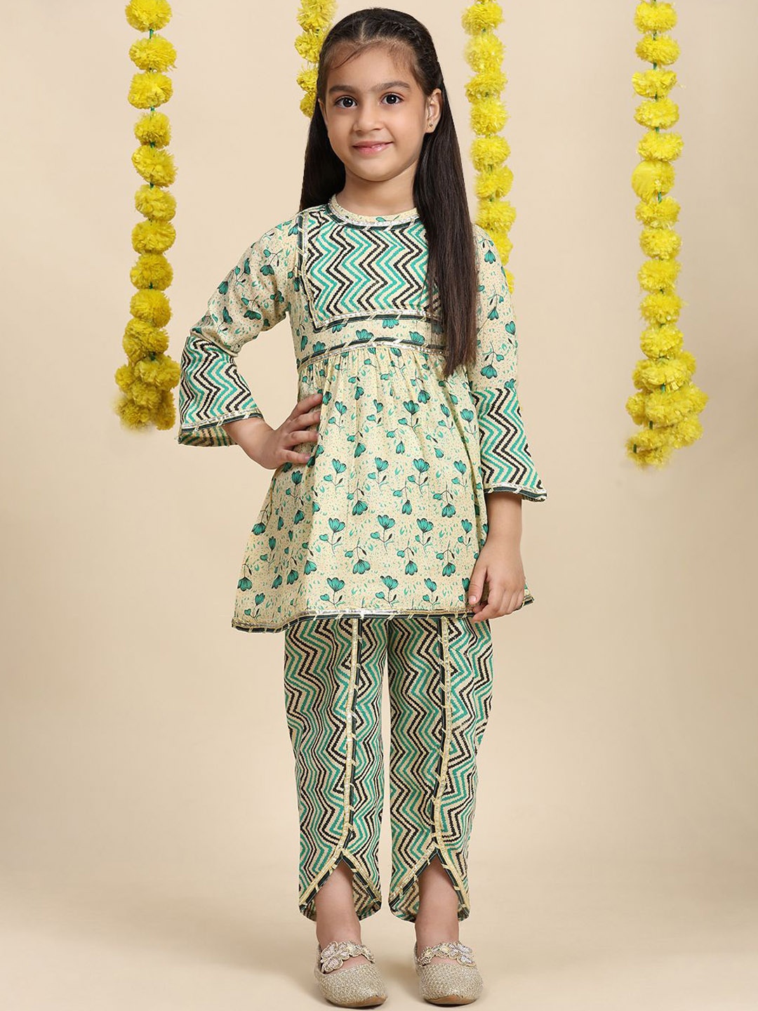 

Cutiekins Girls Floral Printed Bell Sleeves A-Line Kurta with Dhoti Pant, Beige