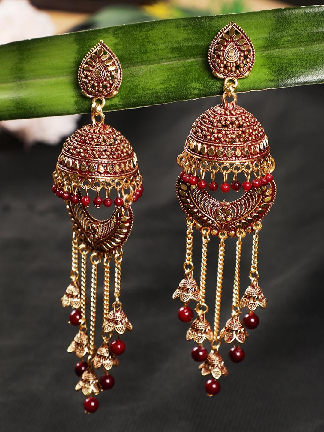 

Jazz and Sizzle Gold Plated Dome Shaped Jhumkas, Maroon