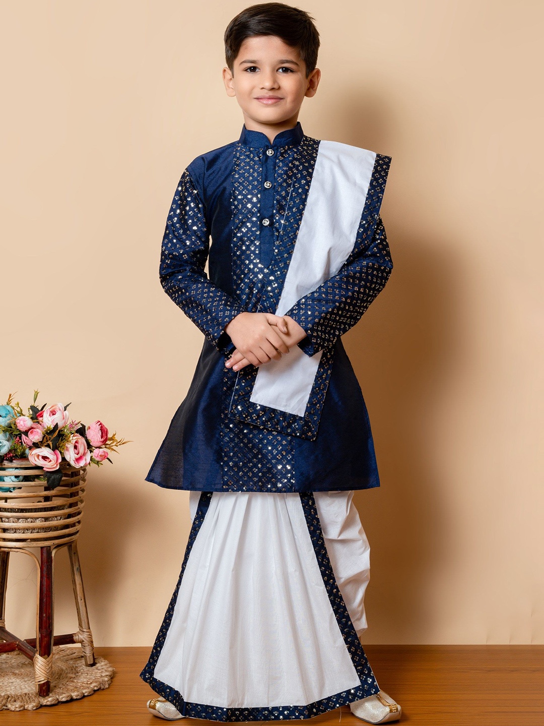 

NFC CREATION Boys Embroidered Sequinned Dupion Silk Kurta With Dhoti Pant & Dupatta, Navy blue