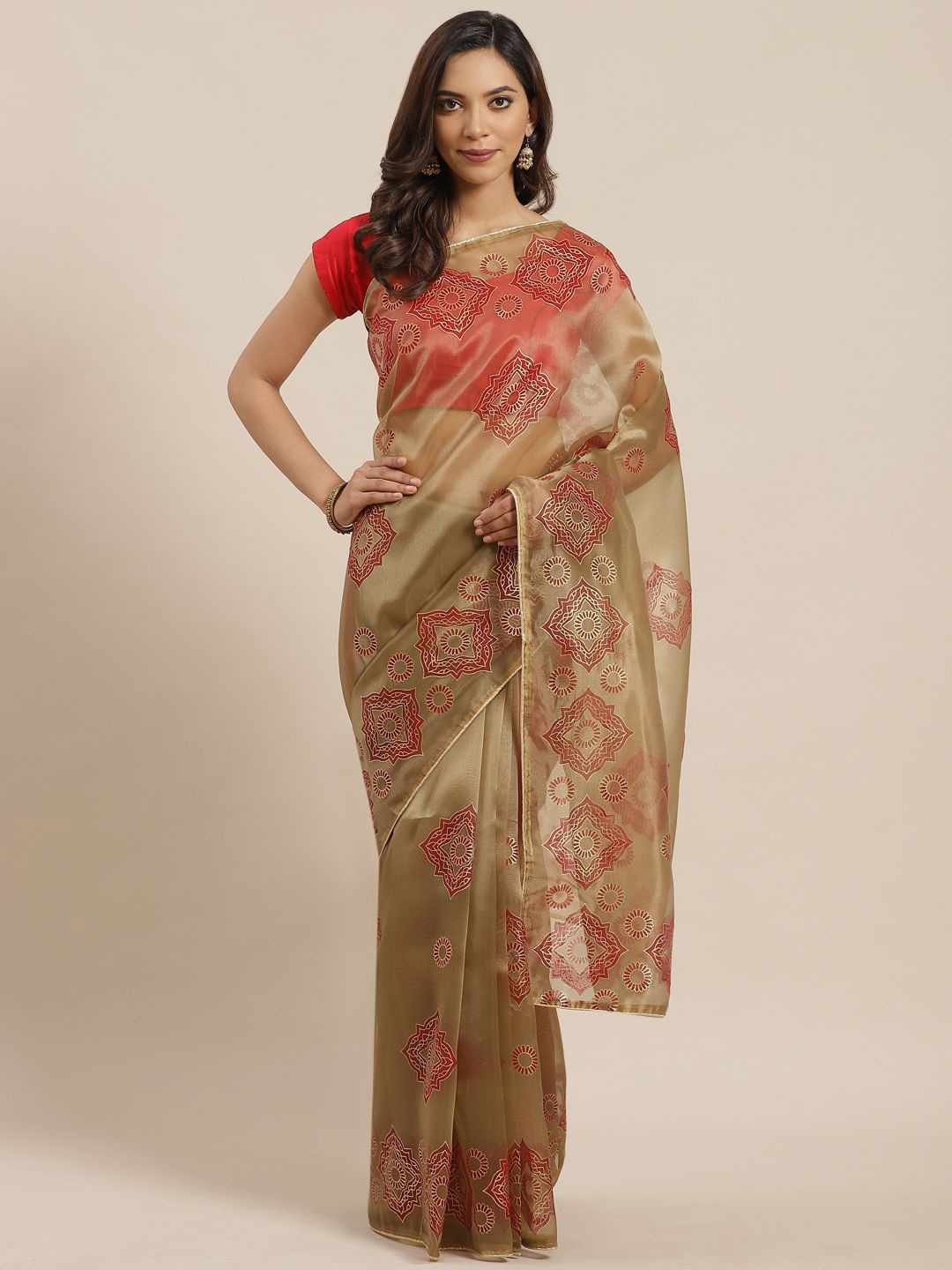 

KIMISHA Ethnic Motifs Zari Organza Block Print Saree, Olive