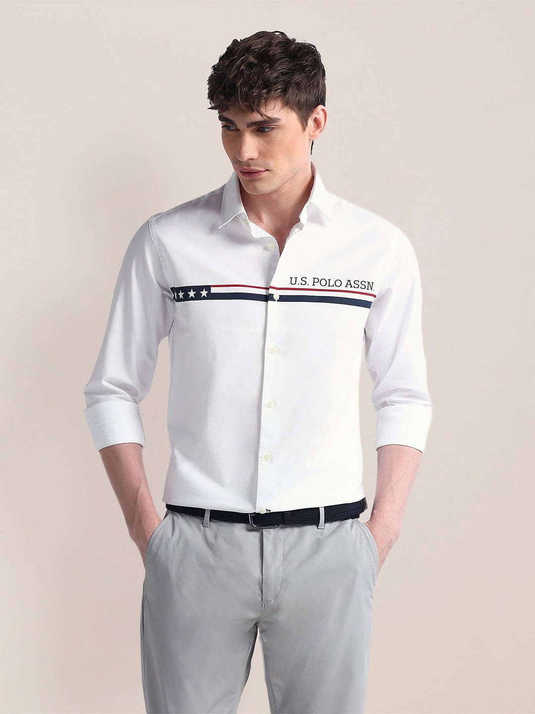 

U.S. Polo Assn. Men Classic Spread Collar Solid Cotton Casual Shirt, White