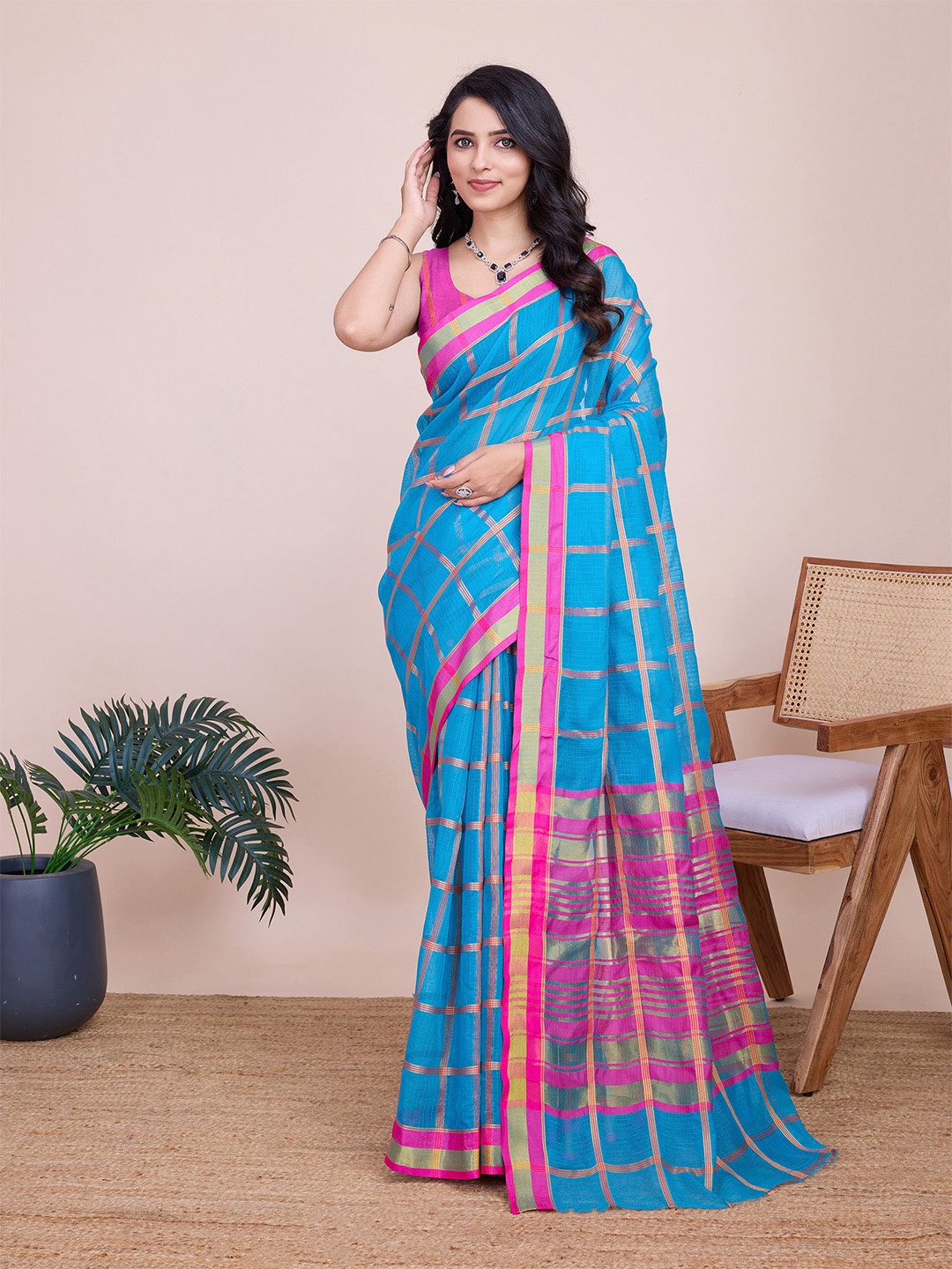 

KALINI Checked Woven Design Zari Chanderi Saree, Turquoise blue