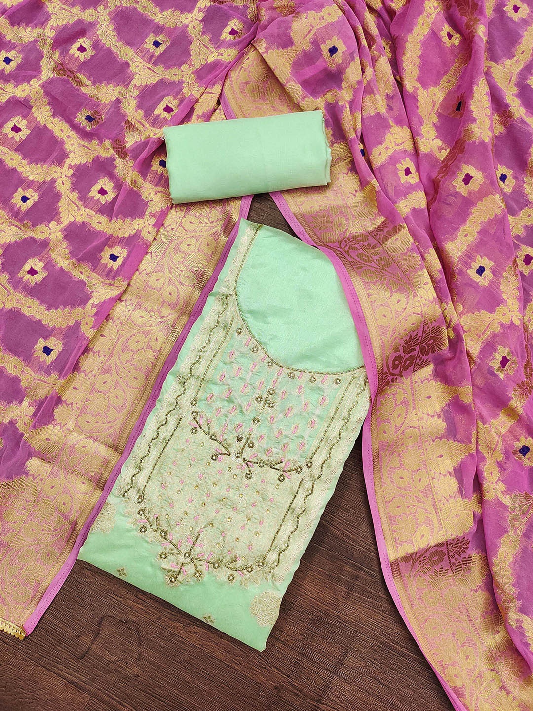 

KALINI Ethnic Motifs Embellished Beads and Stones Unstitched Dress Material, Green