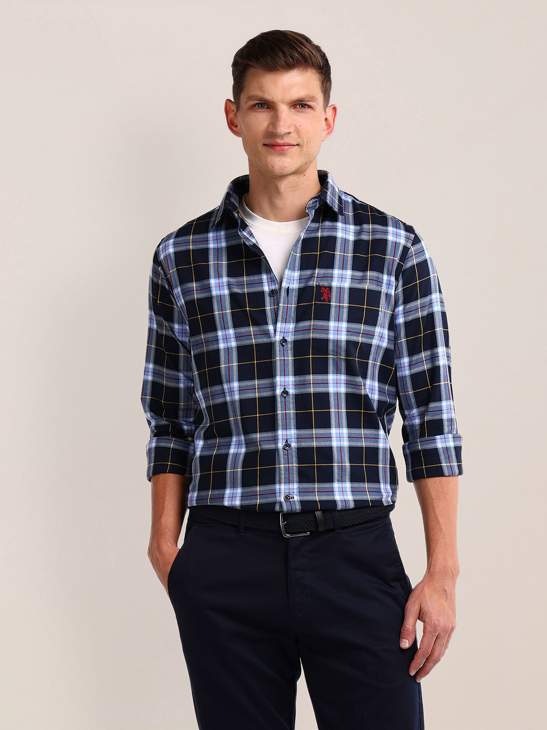 

U.S. Polo Assn. Men Classic Spread Collar Tartan Checked Cotton Casual Shirt, Navy blue