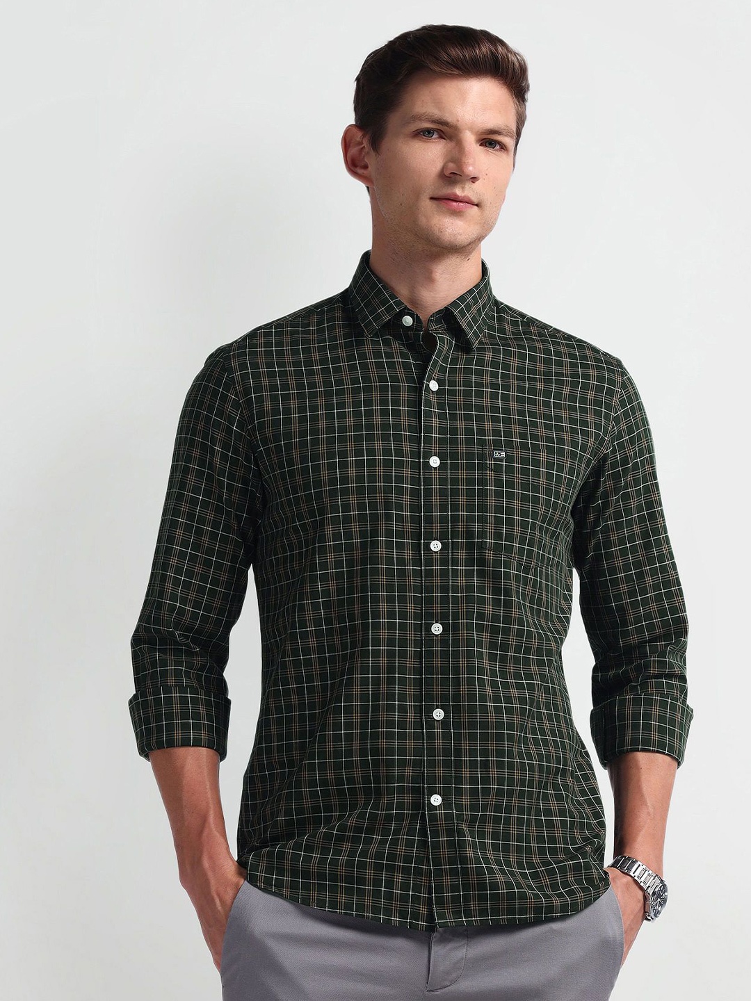 

Arrow Sport Men Smart Spread Collar Tartan Checked Cotton Slim Fit Casual Shirt, Green