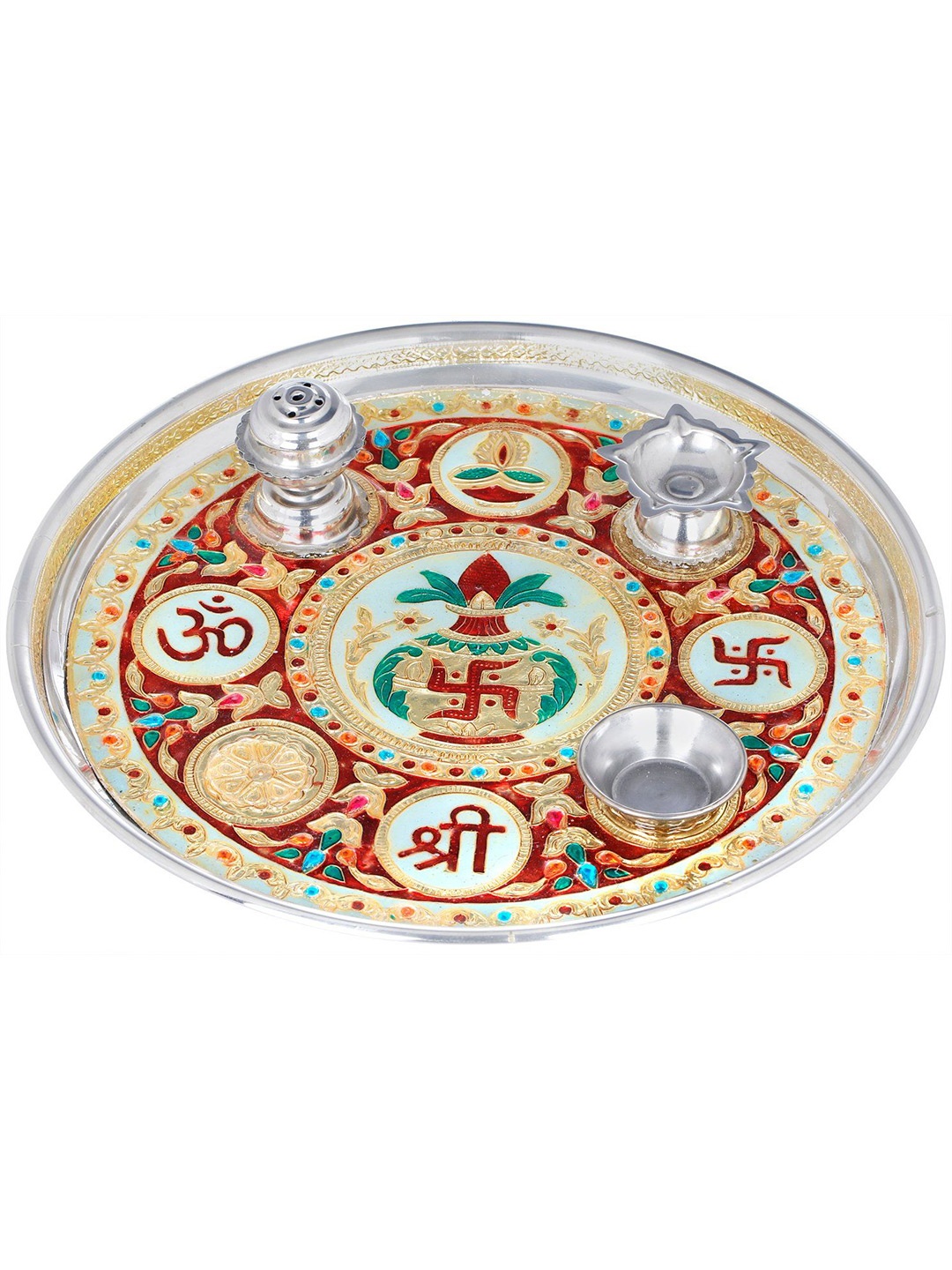 

Exotic India White & Red Printed Decorated Om Shree Puja Thali