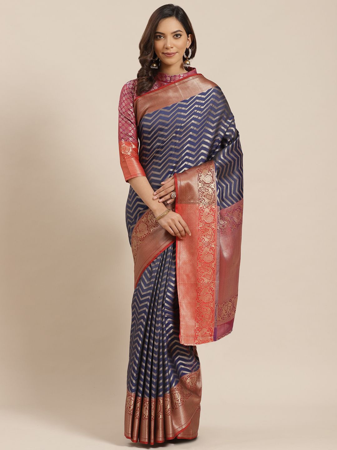 

KIMISHA Zari Silk Blend Banarasi Saree, Navy blue