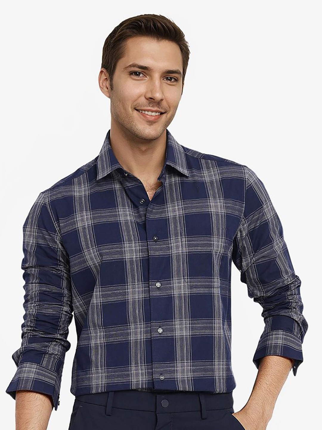 

RARE RABBIT Men Comfort Spread Collar Tartan Checked Cotton Casual Shirt, Navy blue