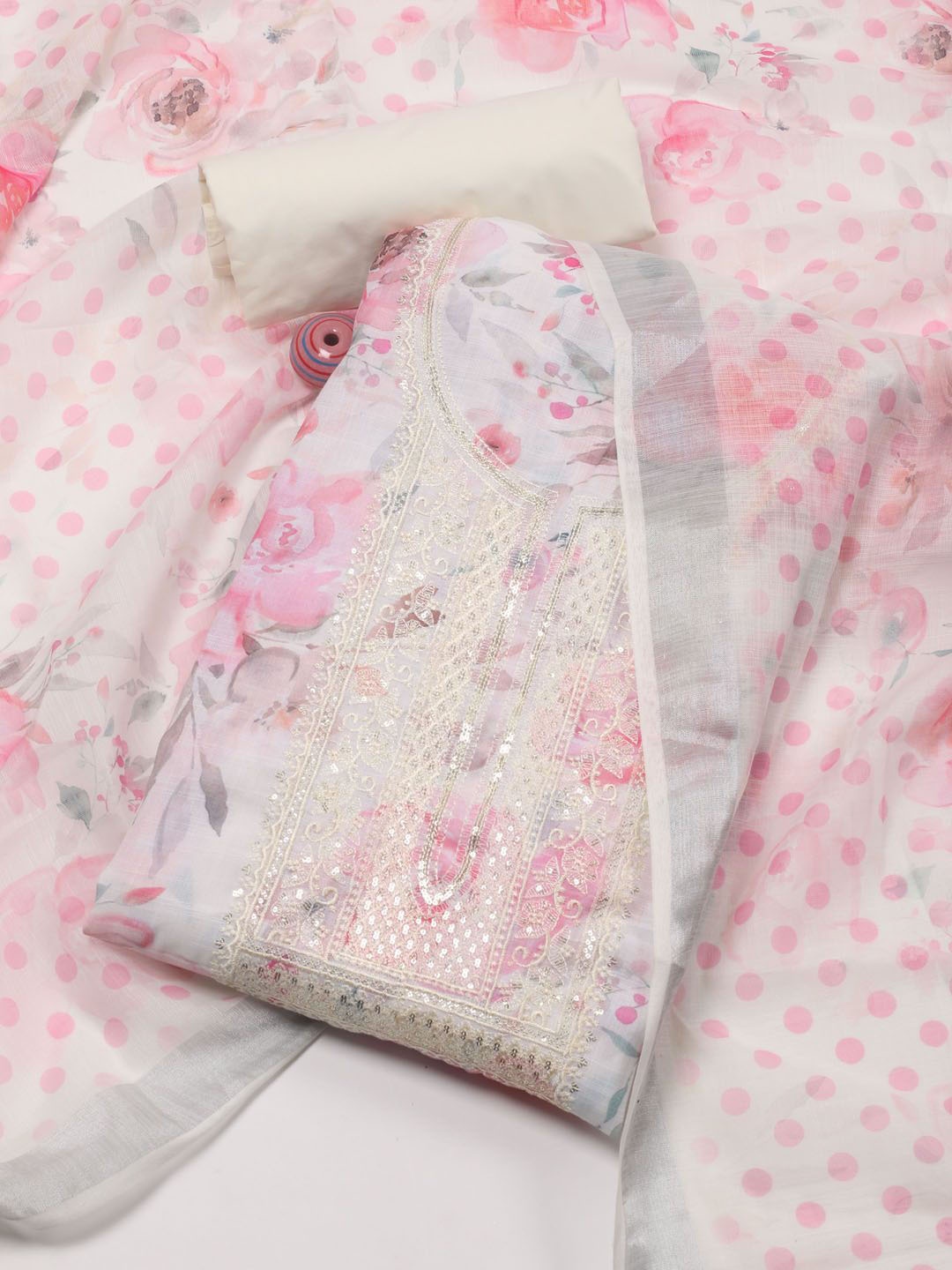 

Meena Bazaar Floral Printed Beads and Stones Linen Unstitched Dress Material, Pink
