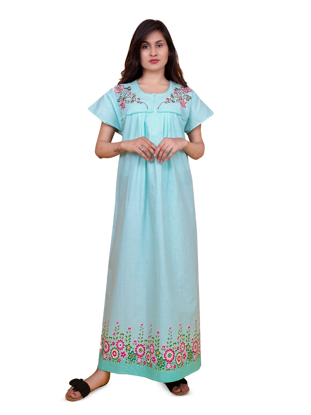 

MAYA PRINT Women Embroidered Maxi Nightdress, Sea green