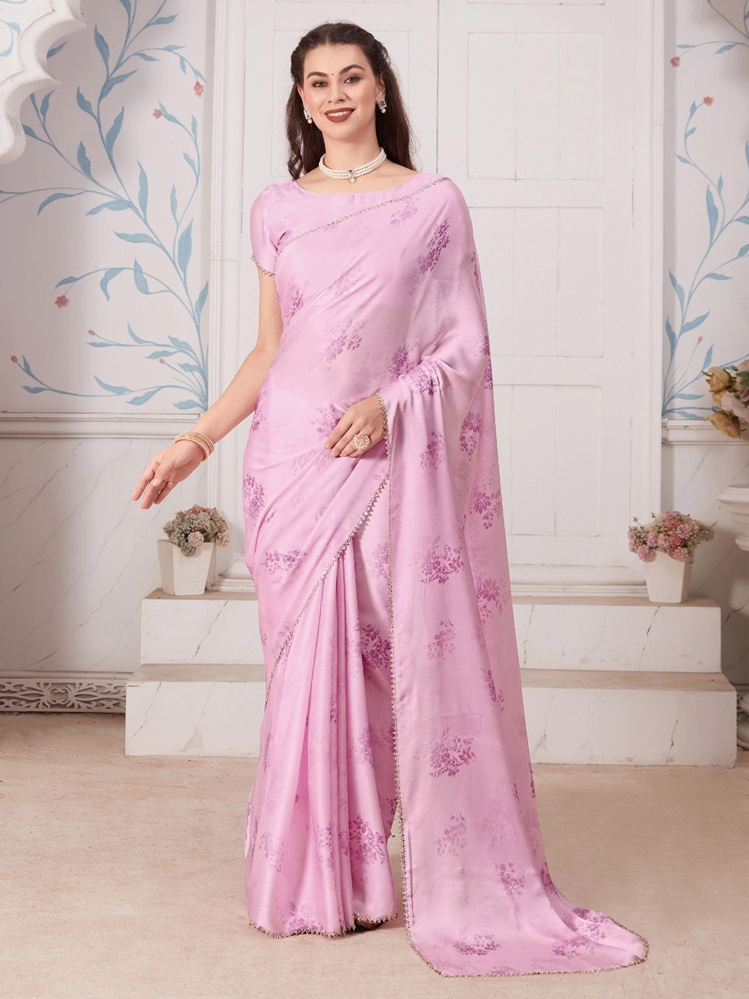 

Anouk Floral Beads and Stones Satin Saree, Pink