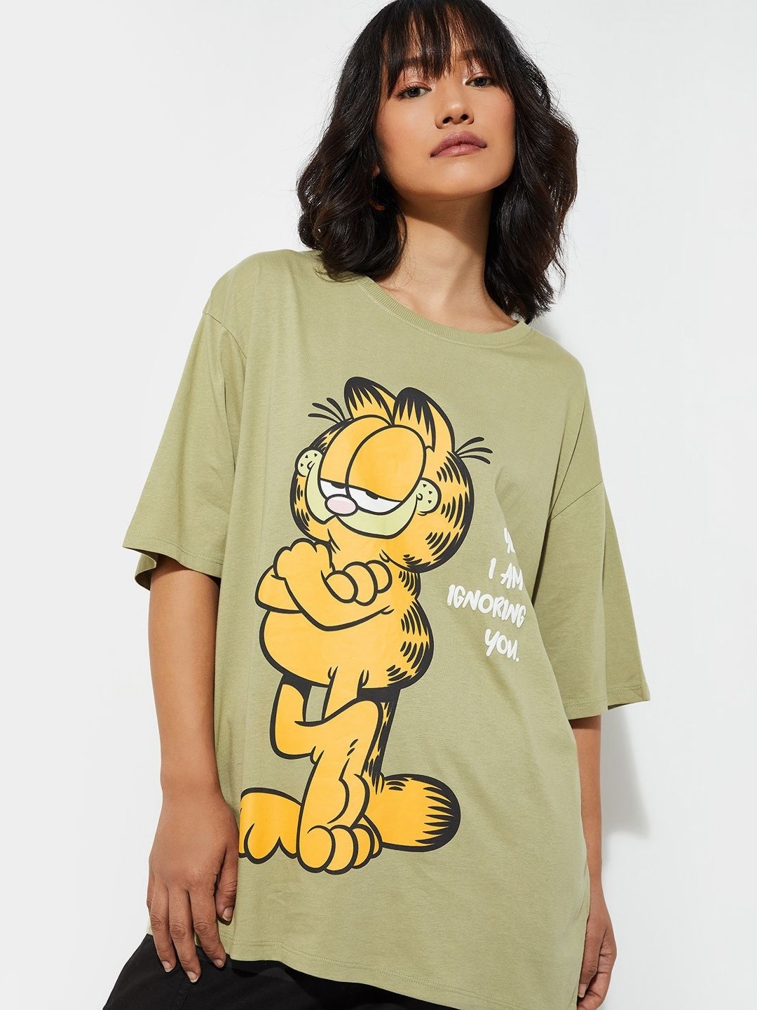 

max URB_N Women Garfield Printed Oversized T-shirt, Green