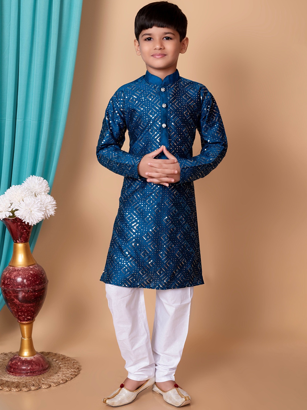 

NFC CREATION Boys Geometric Embroidered Sequinned Kurta with Pyjamas, Navy blue