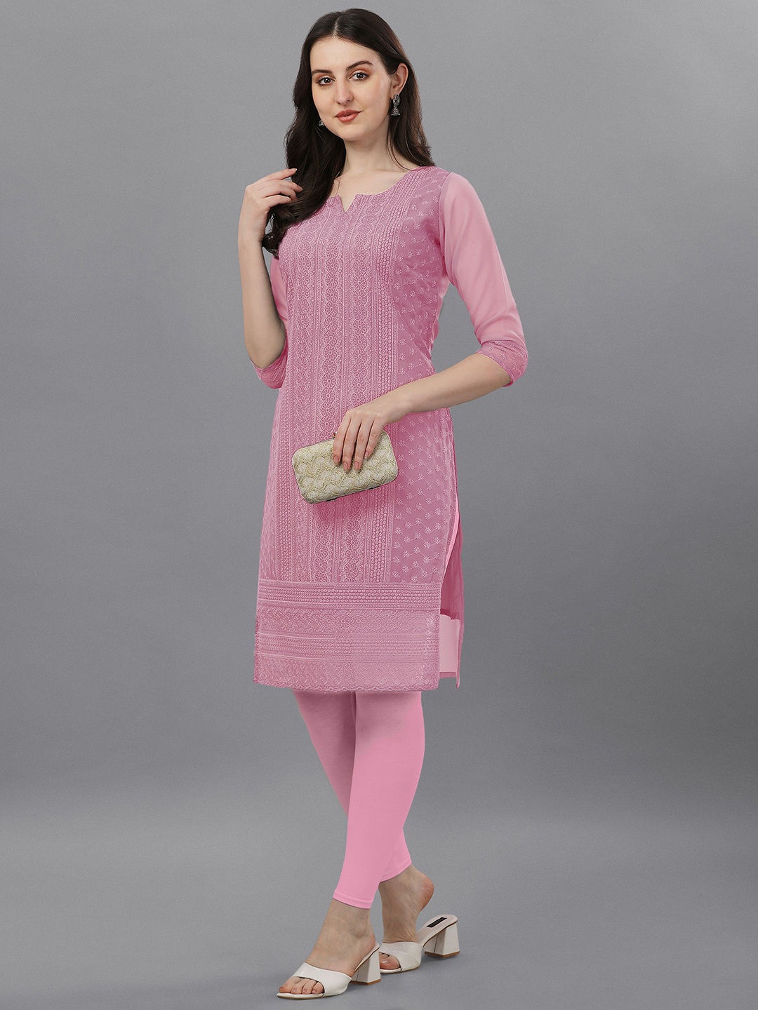 

Trillmixa Women Ethnic Motifs Embroidered Chikankari Straight Kurta, Pink