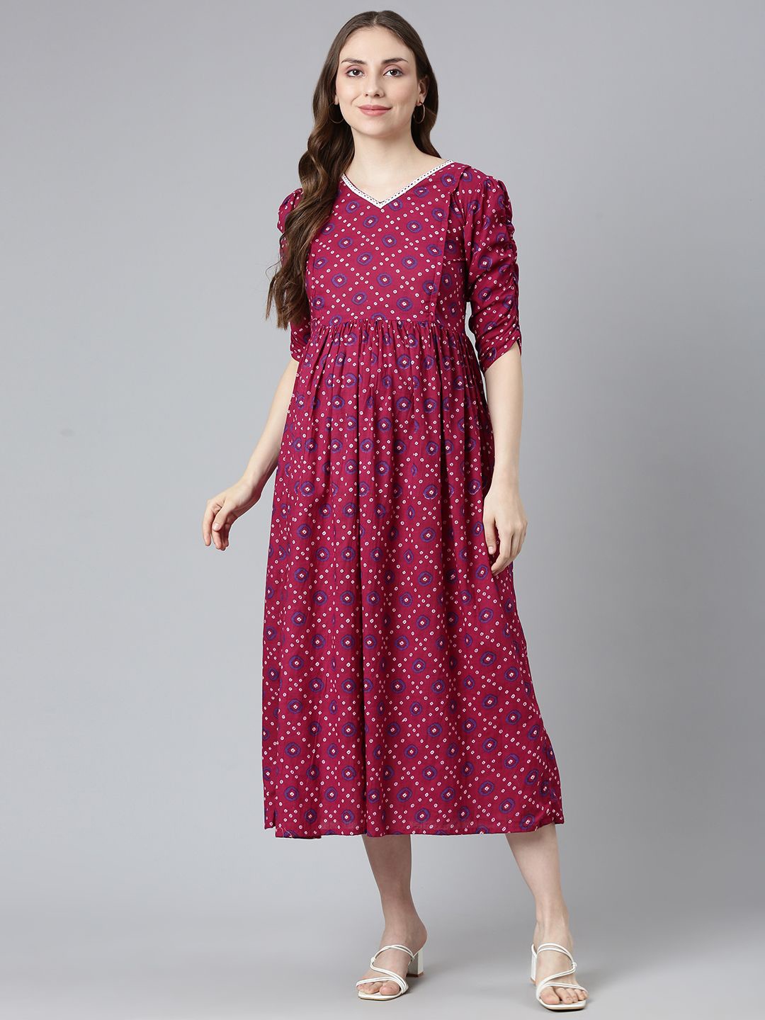 

Swishchick Floral Printed Cotton Puff Sleeve Maternity Fit & Flare Midi Dress, Magenta