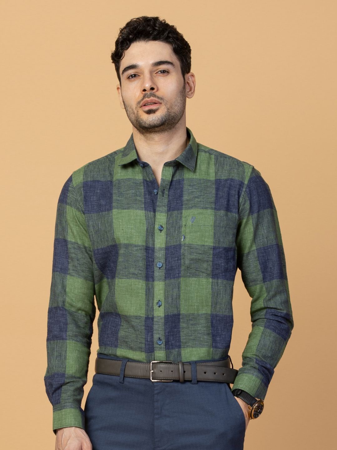 

USMC Men Smart Spread Collar Buffalo Checked Cotton Slim Fit Casual Shirt, Green