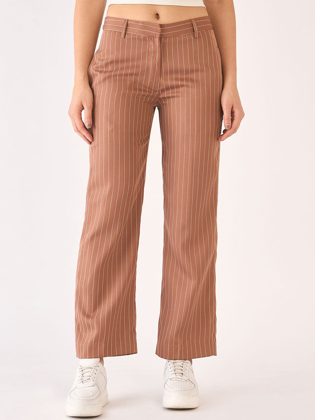 

SALT ATTIRE Women Striped Smart Straight Fit Trousers, Brown