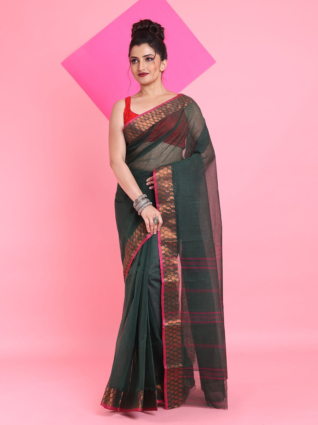 

Arhi Zari Woven Design Pure Cotton Taant Saree, Green