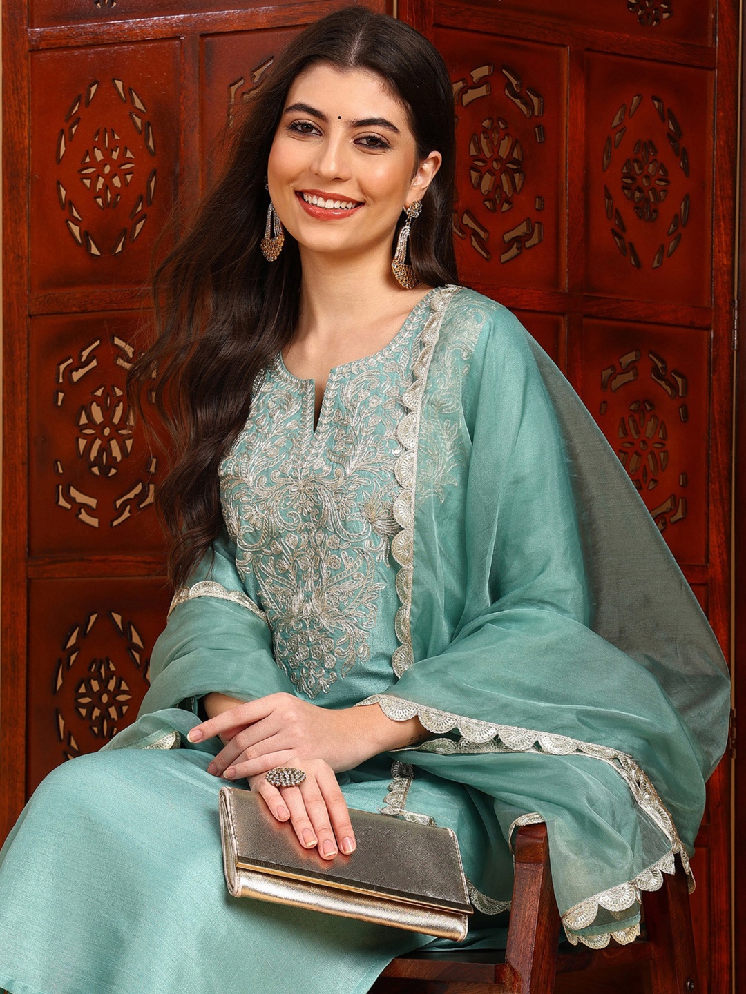

KALINI Floral Yoke Designed Regular Kurta With Palazzos & Dupatta, Sea green