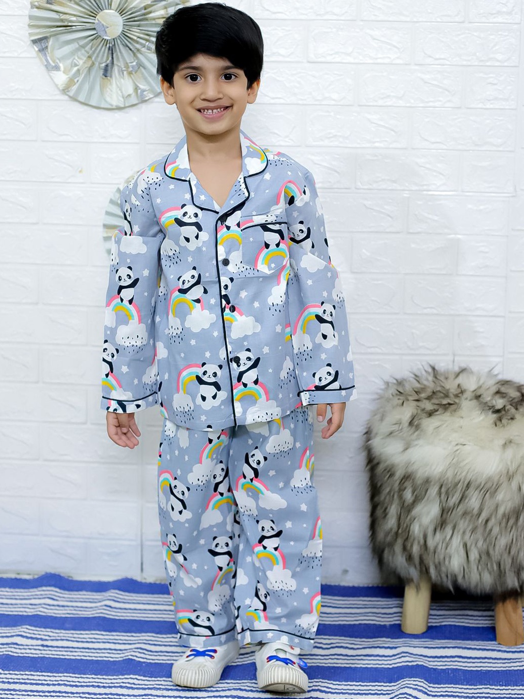 

UNBIND Boys Conversational Printed Lapel Collar Pure Cotton Night suit, Grey