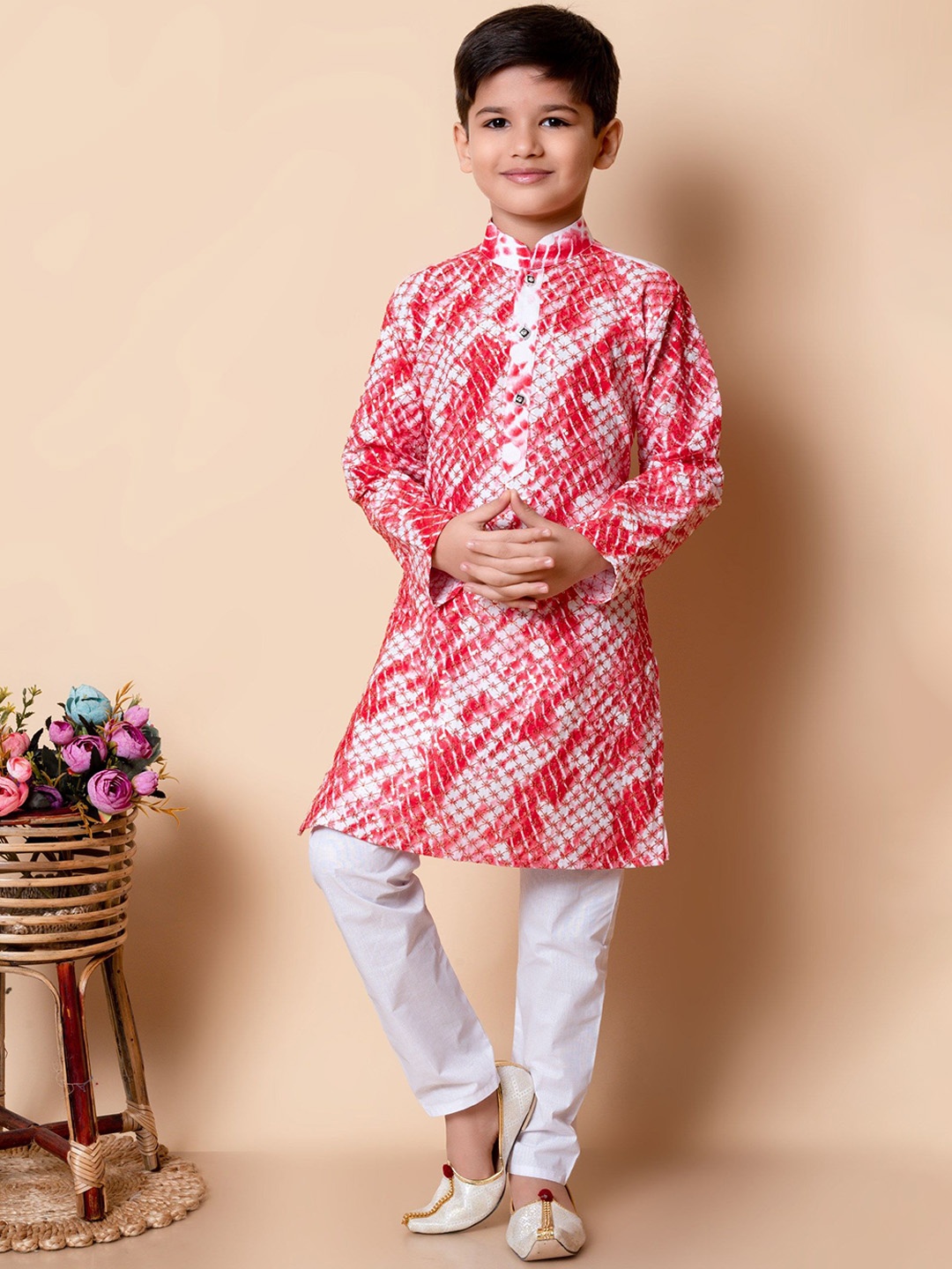 

NFC CREATION Boys Embroidered Straight Sequinned Kurta with Pyjamas, Red