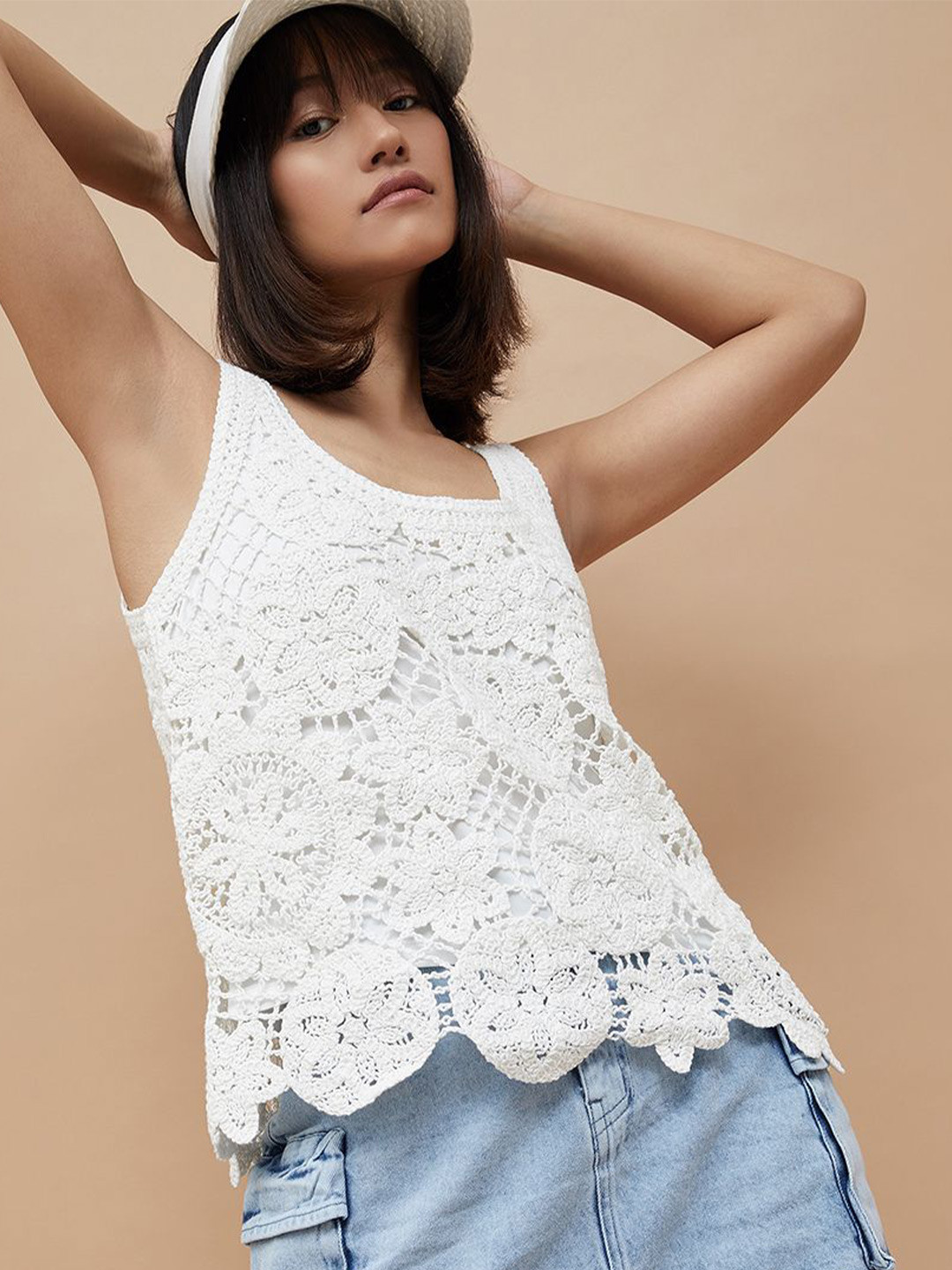 

Ginger by Lifestyle Women Self Design Crochet Scoop Neck Cotton Top, White