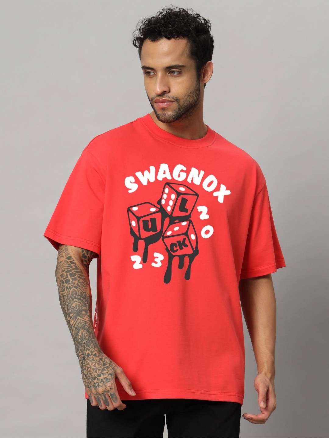 

SWAGNOX Men Typography Printed Round Neck Cotton Oversized T-Shirt, Red