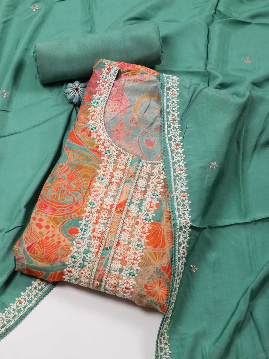 

Meena Bazaar Floral Printed Art Silk Unstitched Dress Material, Orange