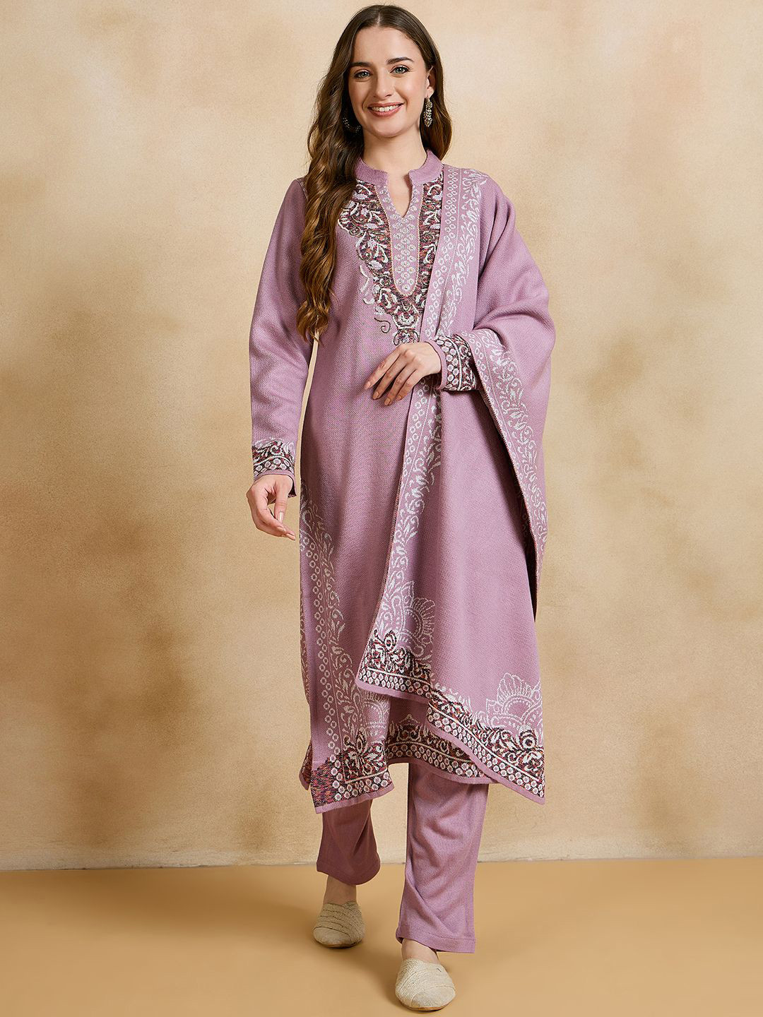 

CLAPTON Floral Embroidered Thread Work Pure Woollen A-Line Kurta With Trousers & Dupatta, Pink