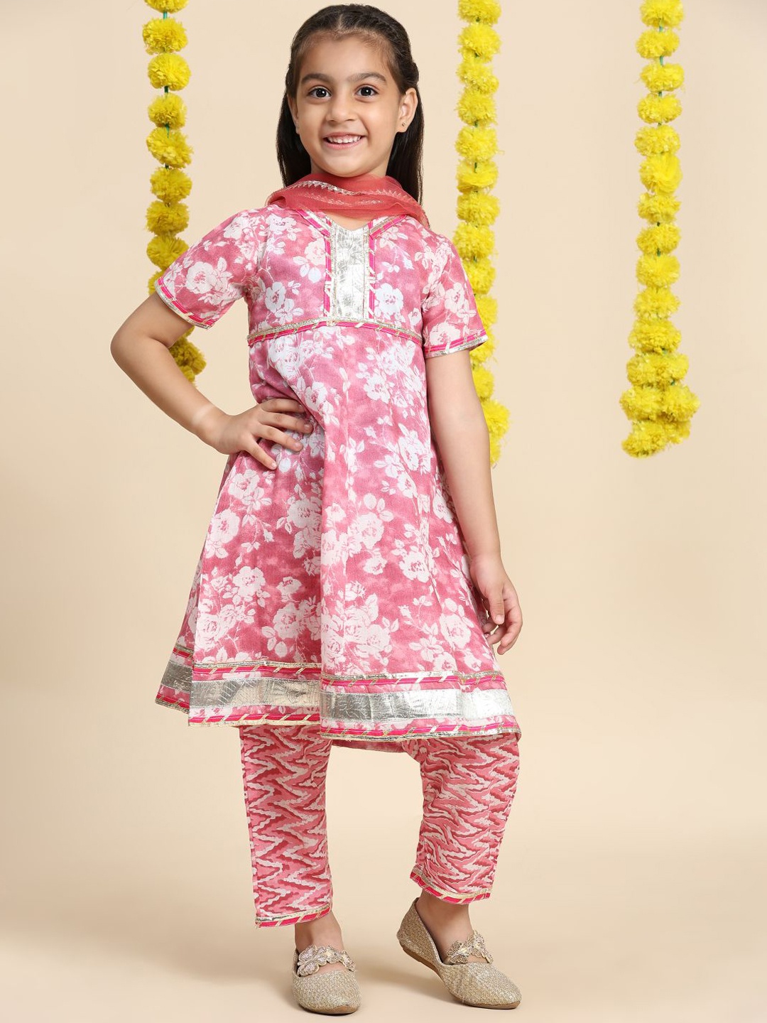 

Cutiekins Girls Floral Printe V-Neck Gotta Patti A-Line Kurta With Palazzos & Dupatta, Pink