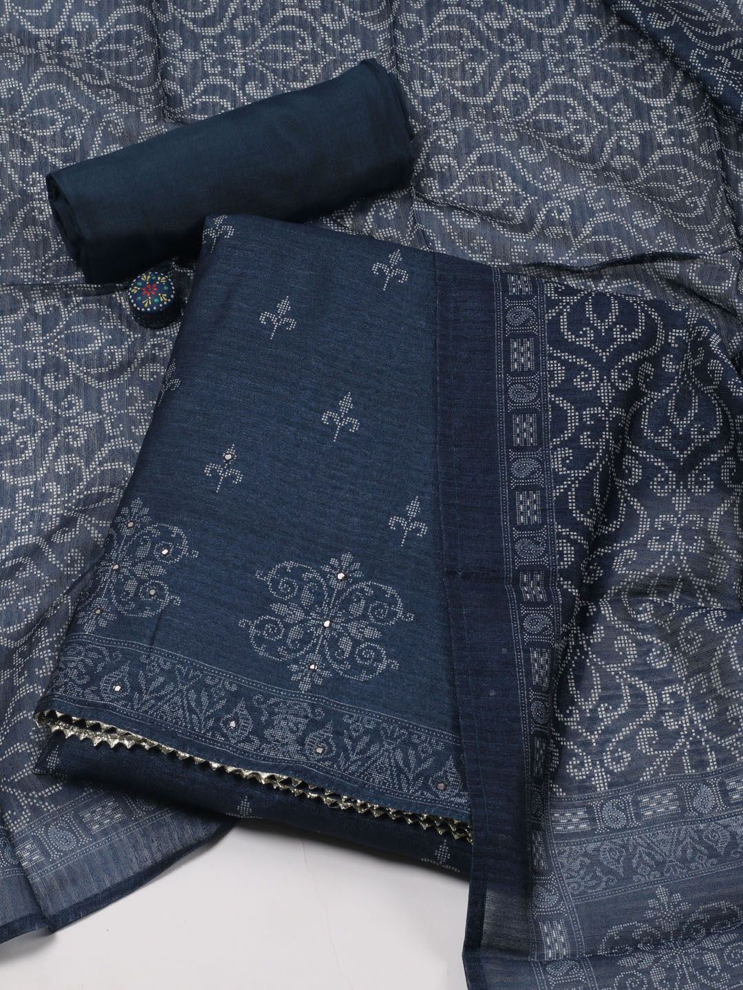 

Meena Bazaar Floral Printed Gotta Patti Unstitched Dress Material, Navy blue
