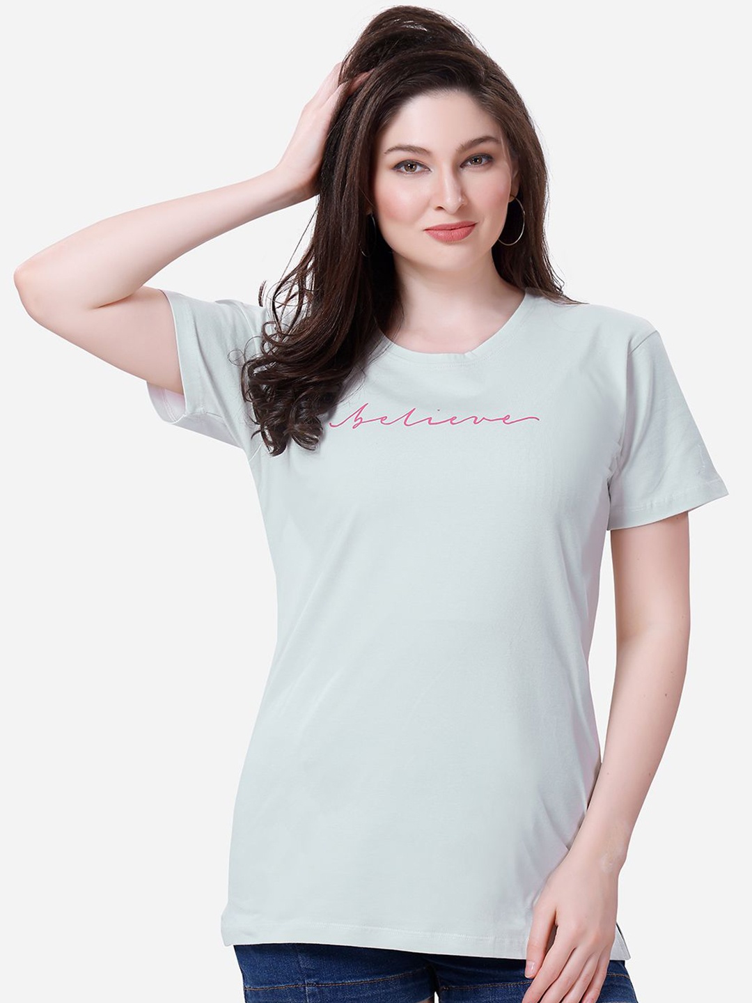 

Lenissa Women Typography Printed Round Neck Cotton Relaxed Fit T-Shirt, Green