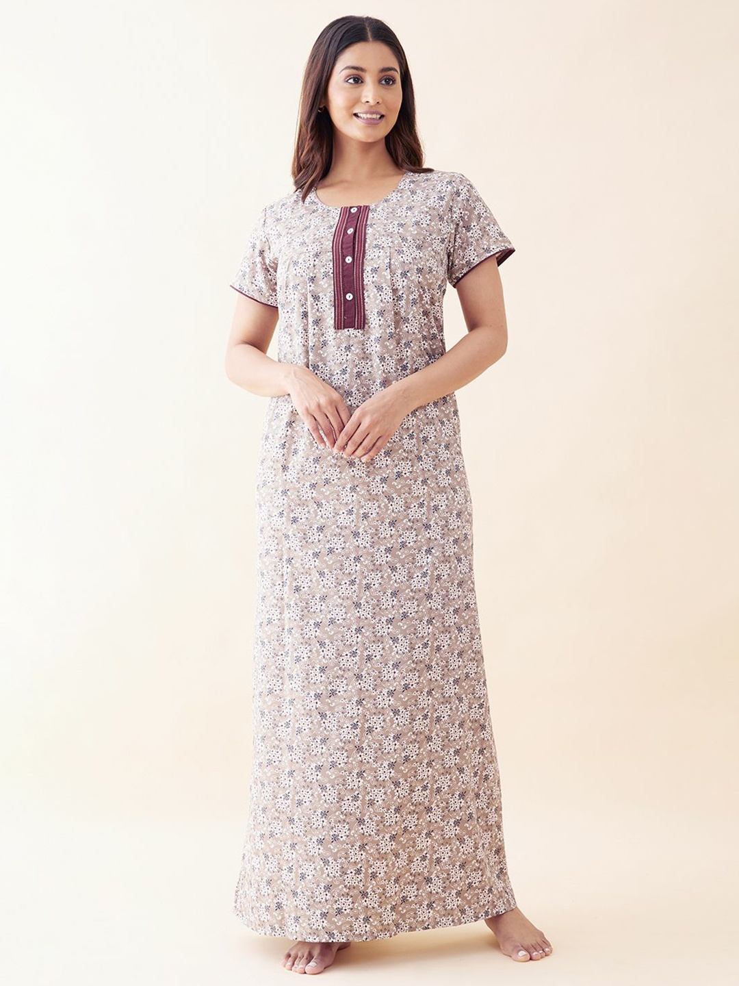 

Maybell pure cotton floral print Printed Maxi Nightdress, Beige