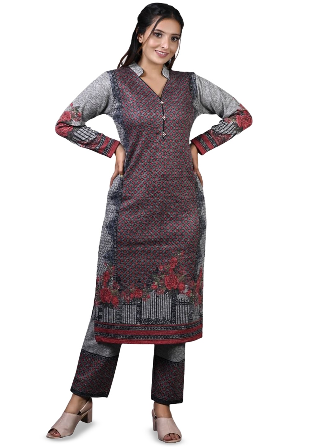 

TWENTY ME Floral Printed V Neck Straight Kurta with Pyjamas, Maroon