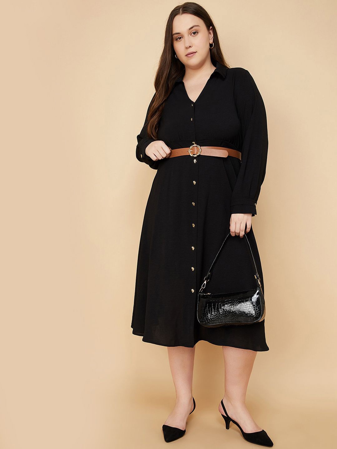 

max Plus Size Self Design Belted Midi Shirt Dress, Black