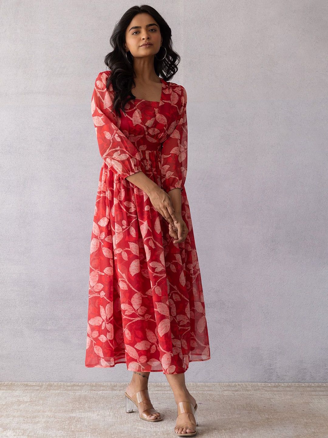 

Polago Clothing Georgette Fit & Flare Floral Midi Dress, Red