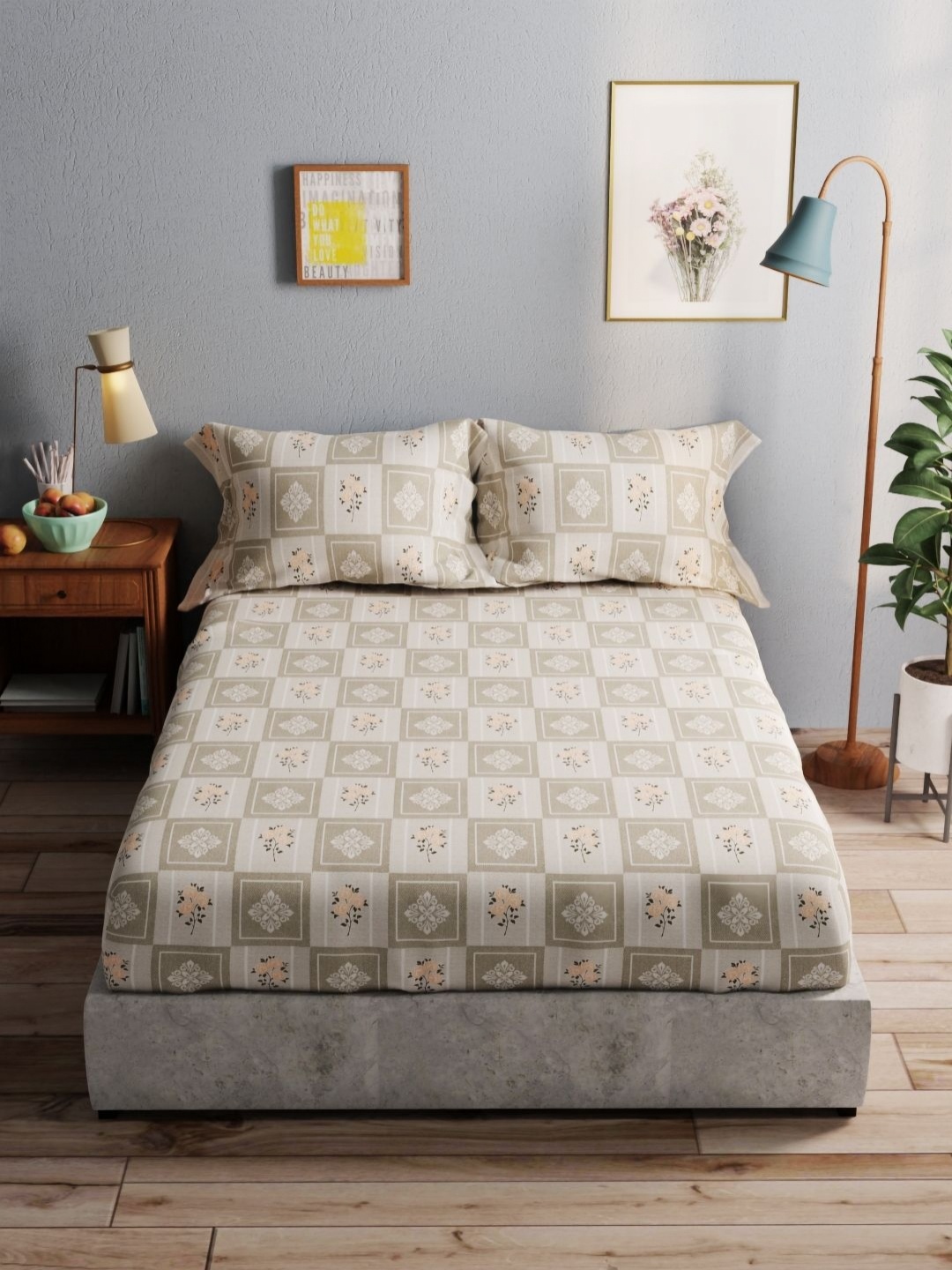 

BIANCA Grey & White Floral 140 TC Pure Cotton Queen Double Bedsheet With 2 Pillow Covers