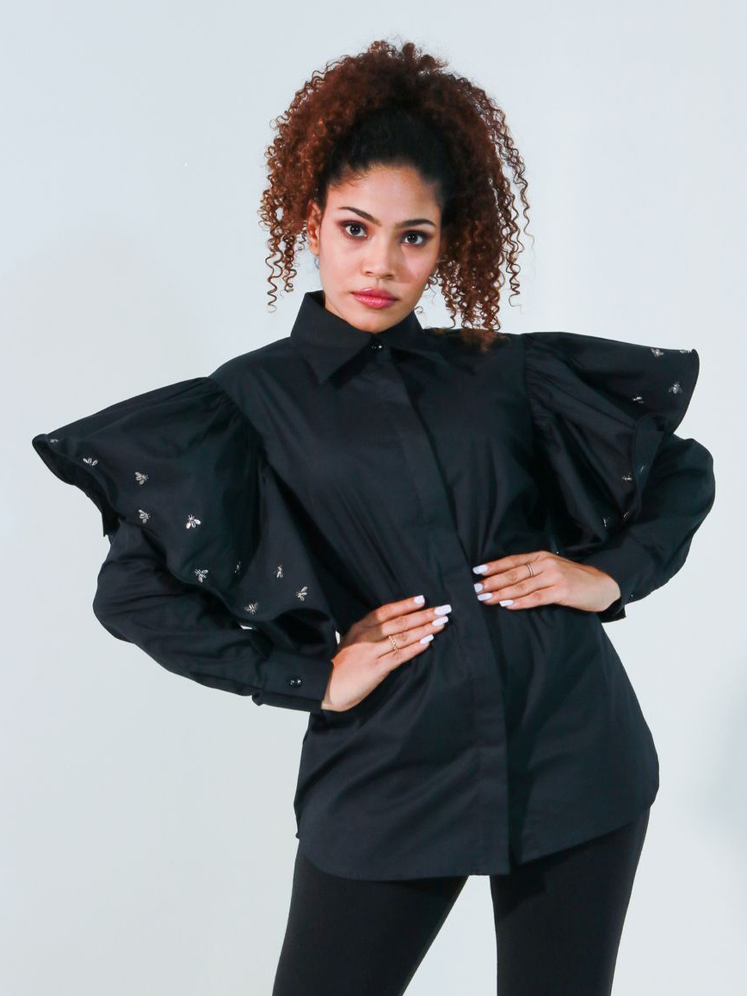 

ECHKE Women Solid Shirt Collar Cotton Top, Black