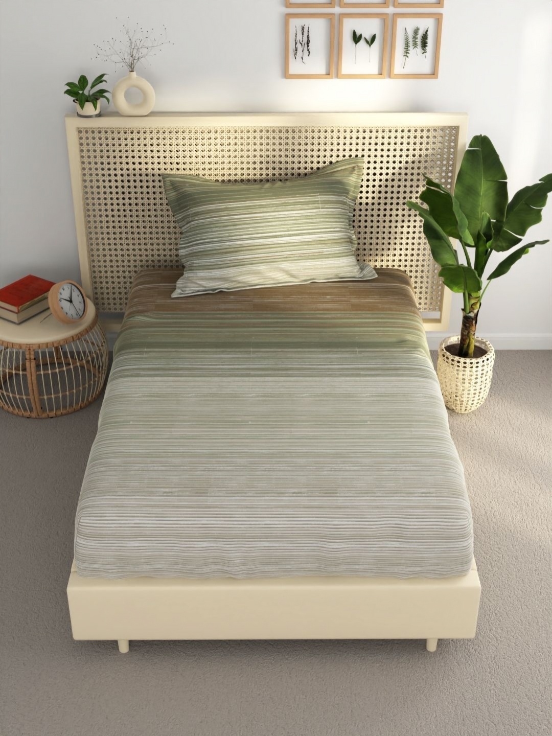 

BIANCA Green & Grey Striped 120 TC Single Bedsheet with 1 Pillow Covers