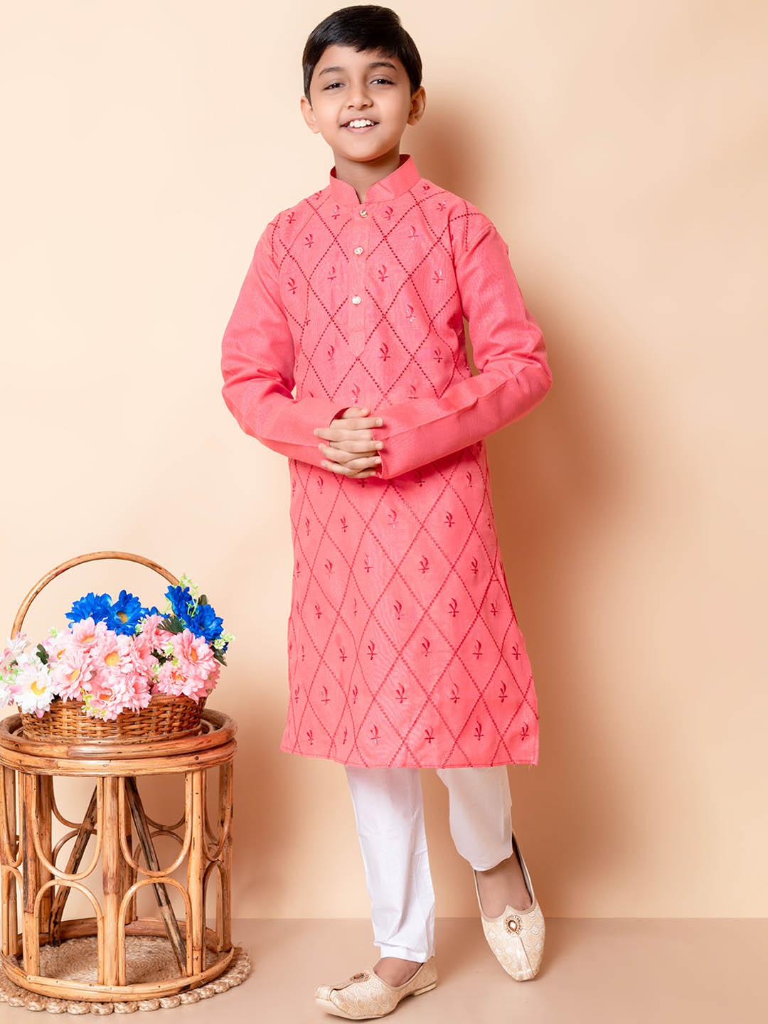 

NFC CREATION Boys Geometric Embroidered Mandarin Collar Thread Work Kurta with Pyjamas, Orange