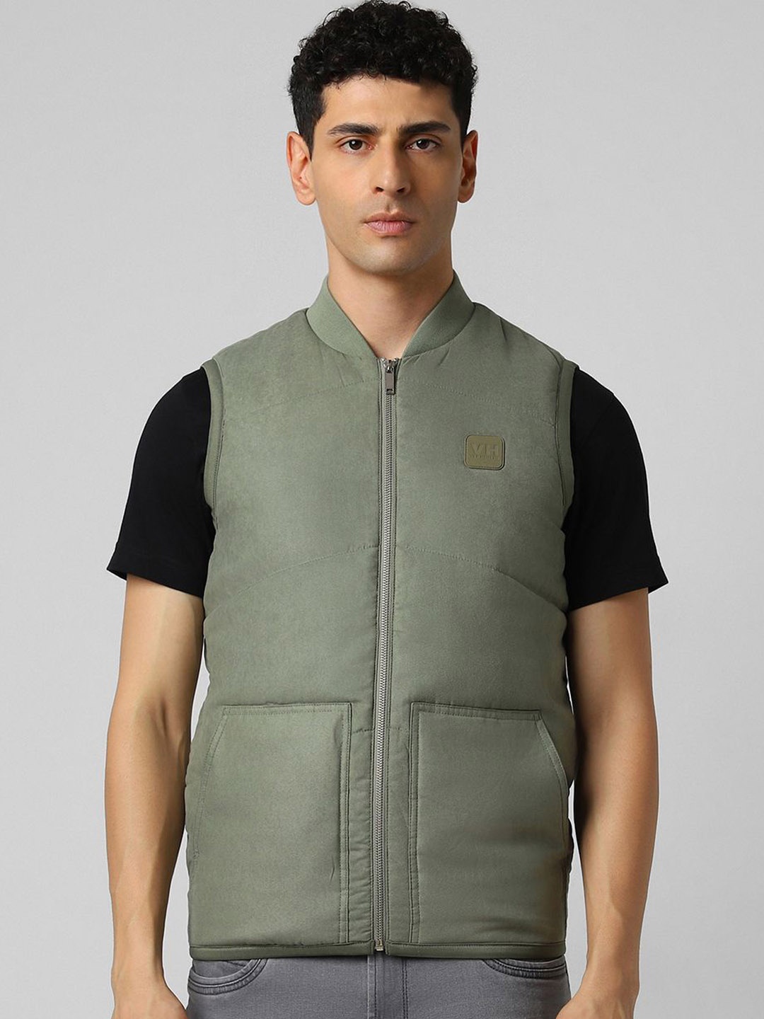 

V Dot Men Open Front Jacket with Embroidered, Olive