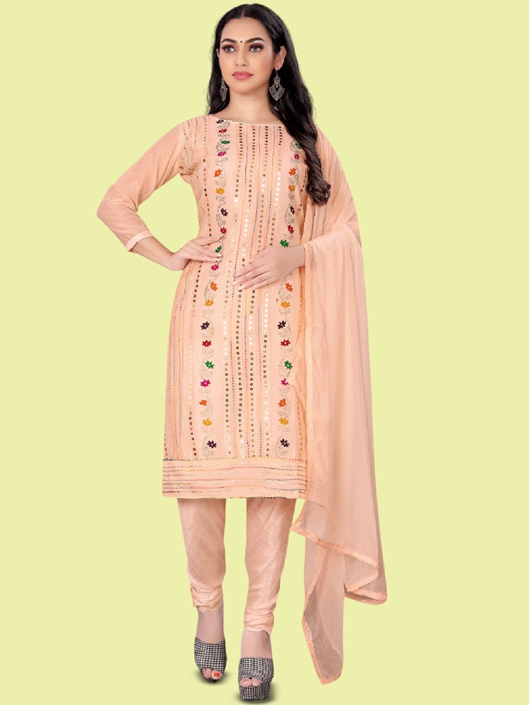 

APNISHA Floral Embroidered Sequinned Unstitched Dress Material, Orange