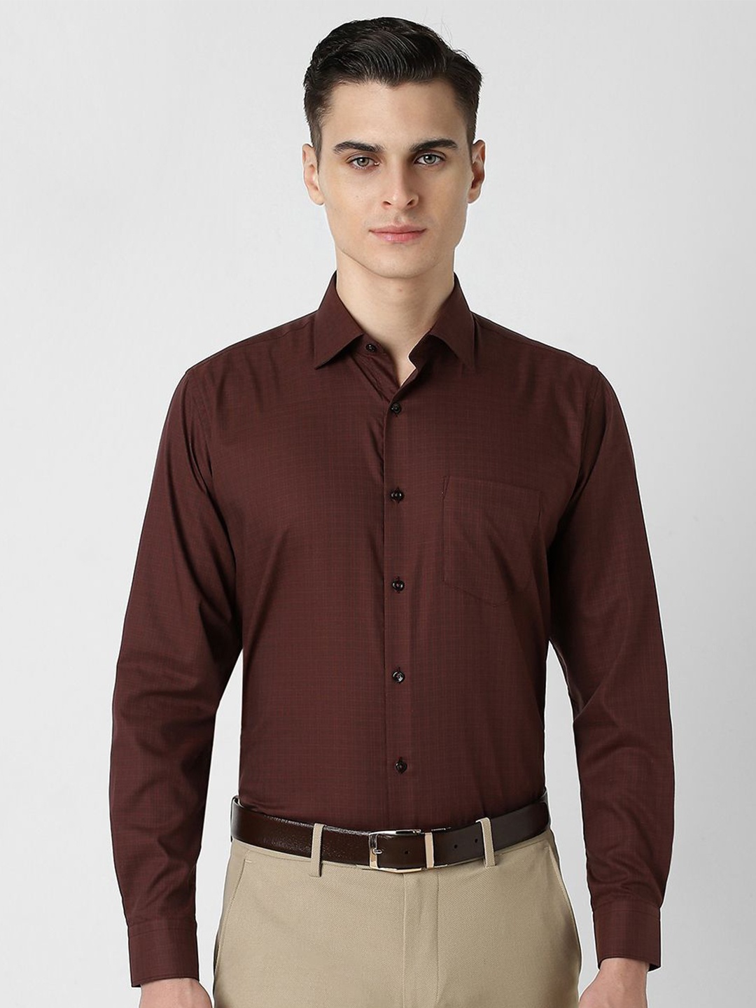 

Van Heusen Men Spread Collar Micro Checked Cotton Formal Shirt, Brown
