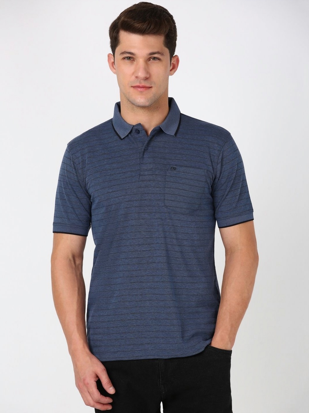 

Peter England Men Striped Polo Collar Cotton T-Shirt, Navy blue