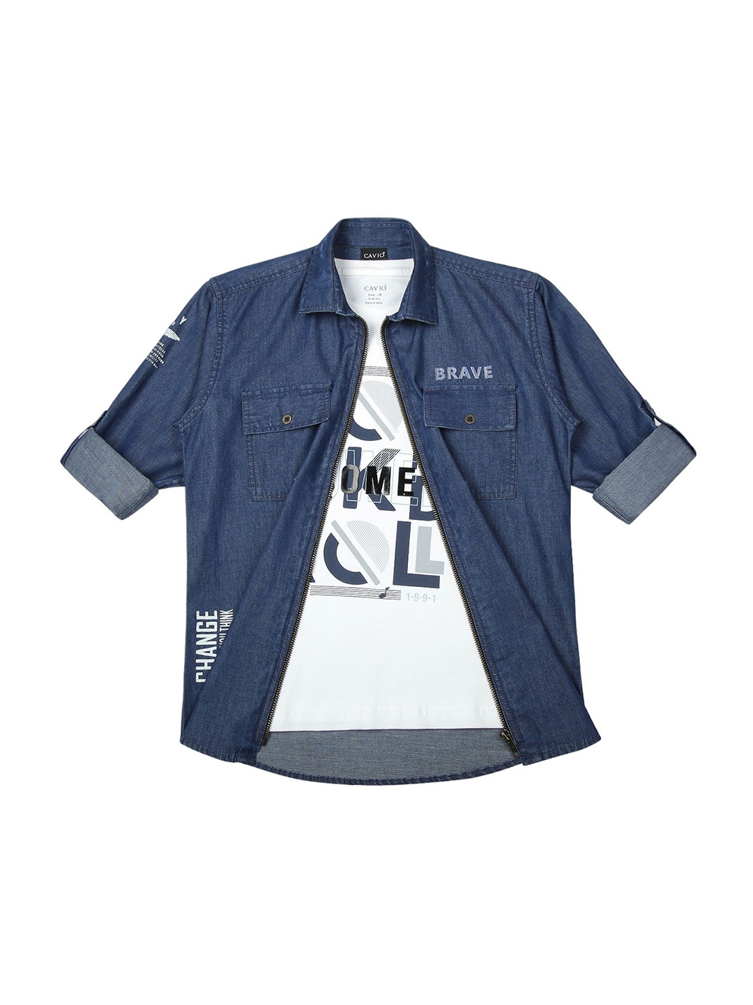

CAVIO Boys Spread Collar Graphic Printed Cotton Casual Shirts & T-Shirt, Navy blue