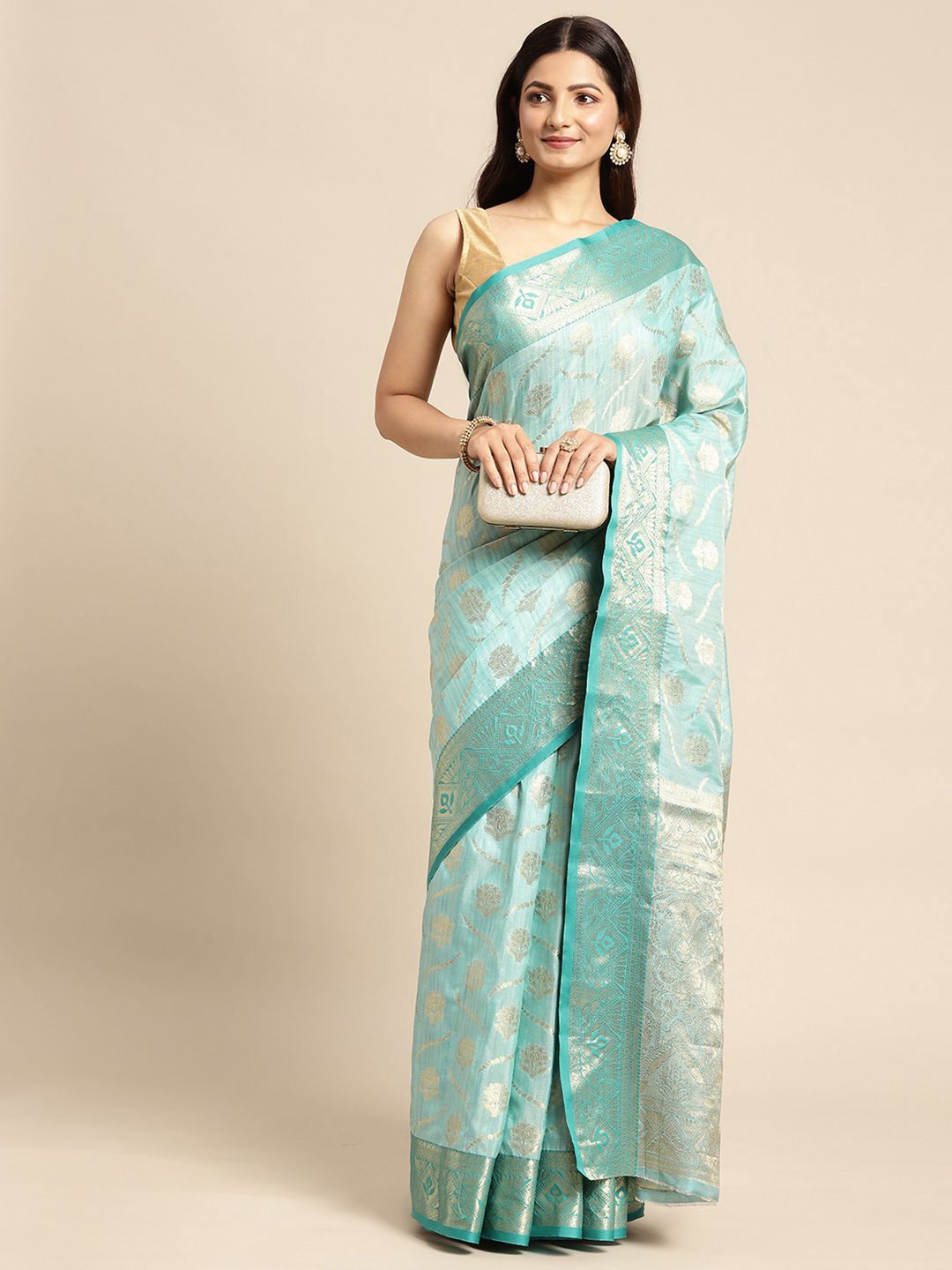 

KIMISHA Floral Zari Silk Blend Kanjeevaram Saree, Green