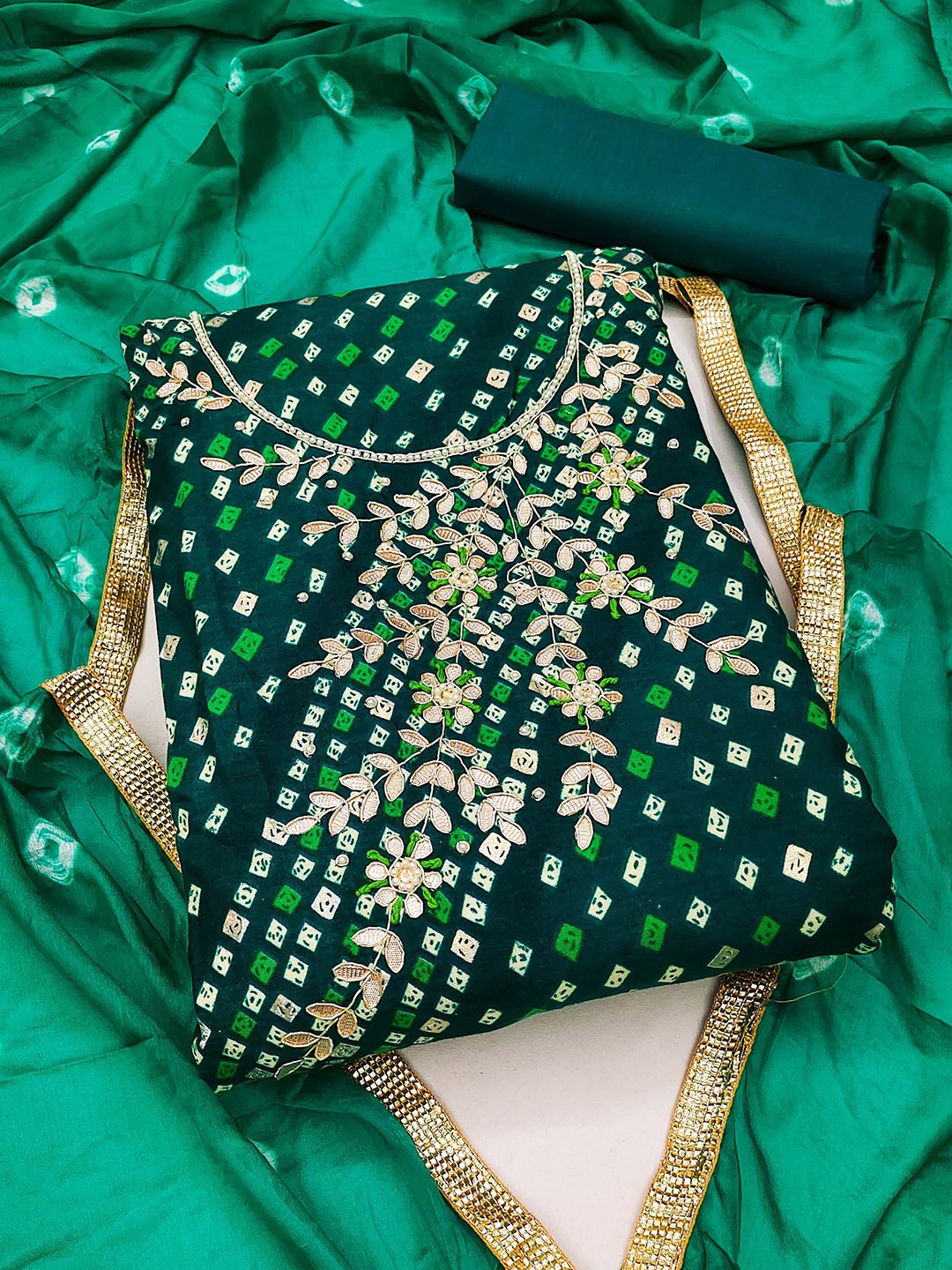 

KIMISHA Badndhani Beads & Stones Embellished Unstitched Dress Material, Green