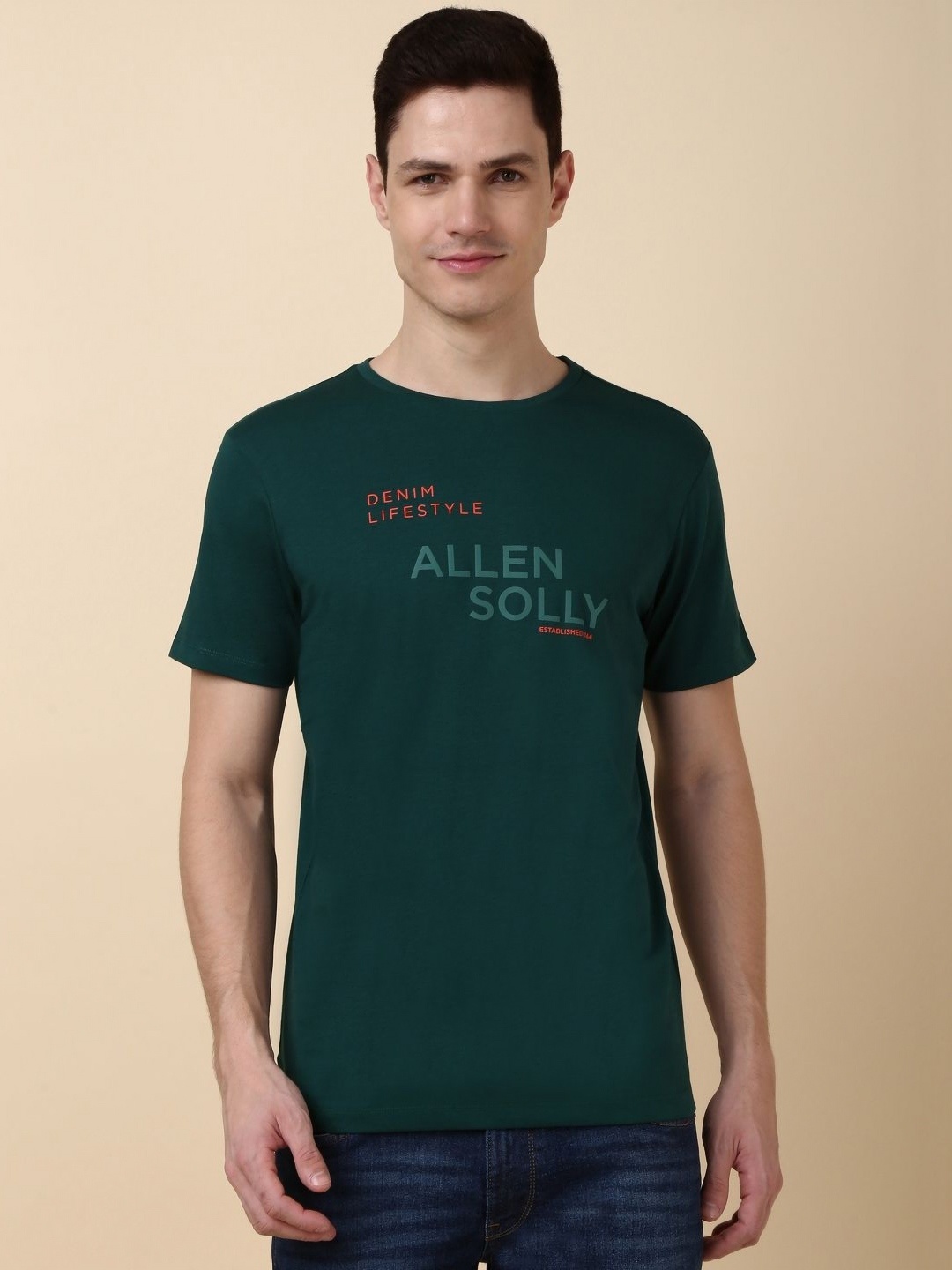 

Allen Solly Men Typography Printed Round Neck Cotton Slim Fit T-Shirt, Green
