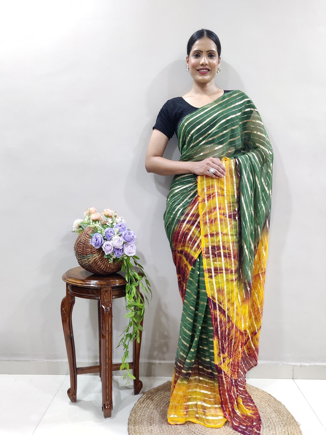 

LeeliPeeri Designer Woven Design Striped Zari Organza Saree, Green